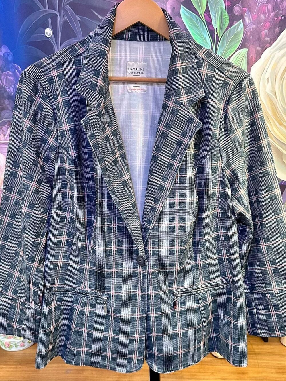 Cavalini Outerwear 1X Jacket Plaid Pattern Polyester Blend Zipper Pockets Black